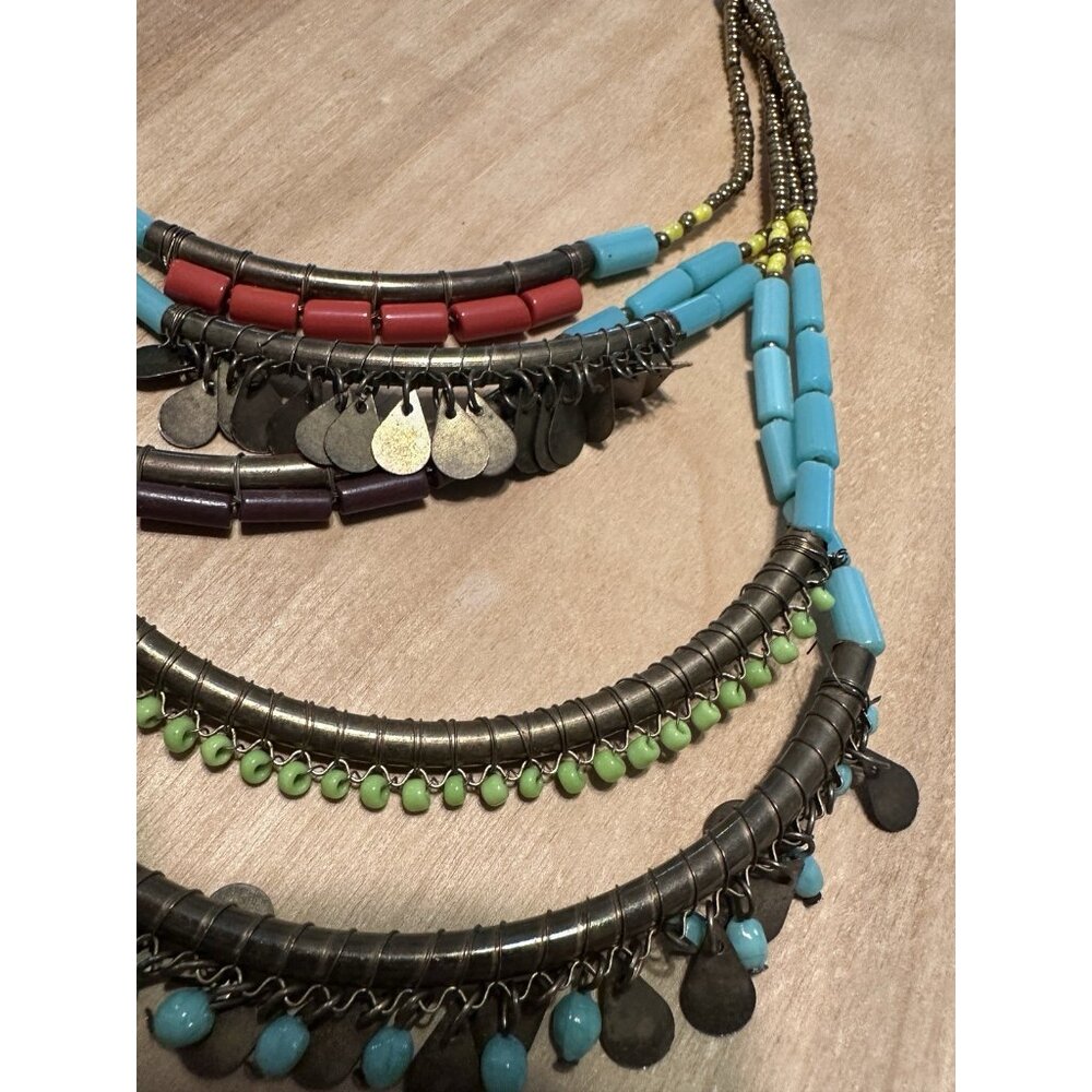 Boho Multicolored Seed Bead Layered Bib Necklace Antique Bronze Statement - Picture 4 of 6